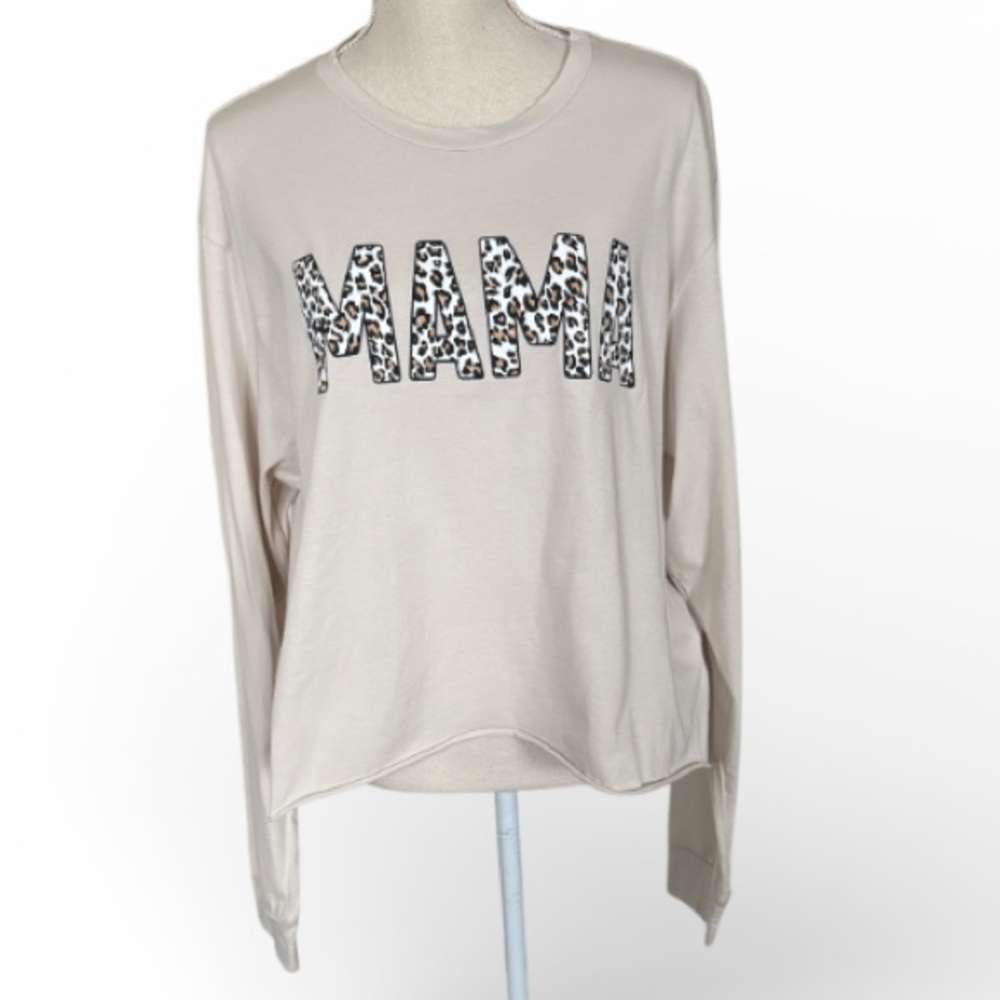 ZUTTER Women L/S Graphic MAMA Leopard Print Cream Crop Top 100% Cotton Large NEW